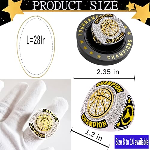 Daijbling 12 Pcs Gold Basketball Championship Rings with Chains & Stand - Tournament Trophy & Winner Gift (Size 11)