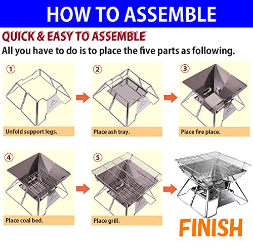 Camping Moon Portable Fire Pit Grill 14 Inch Stainless Steel - Medium Charcoal Barbecue MT-2