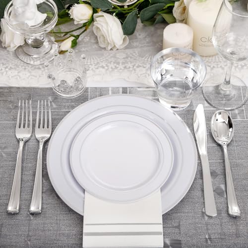 Silver Disposable Plastic Plates Set for 100 Guests - Includes 100 Dinner & Dessert Plates, 300 Cutlery, Cups, Napkins - Elegant Partyware