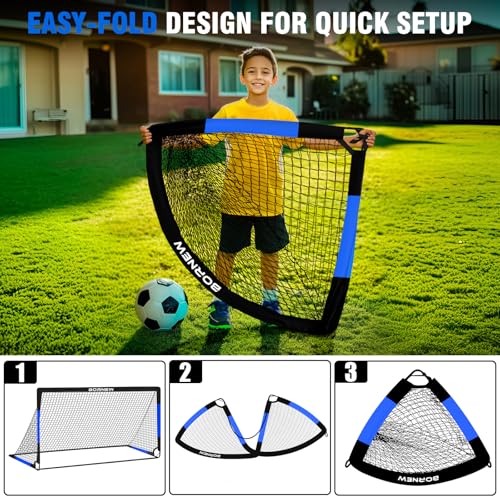 Kids Soccer Goals Set - Black Blue 6x4 ft Portable Foldable Soccer Nets for Backyard Play