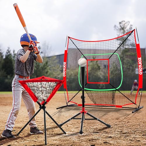 Portable Baseball & Softball Hitting Net Set with Batting Tee, Ball Caddy & Strike Zones
