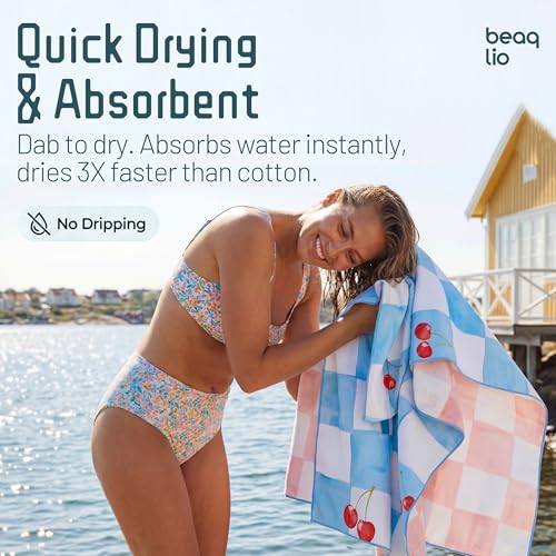 Checkered Beach Towel with Bag 71x36in Microfiber Double-Sided Pool Towel Blue Pink