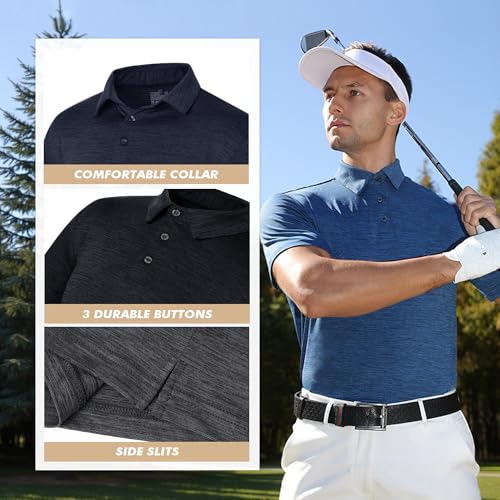 BOOJO 5 Pack Men's Polo Shirts - Quick Dry Moisture-Wicking Golf & Athletic Short Sleeve Tops - Variation: Black, Grey, Navy, Blue, Wine, Purple Large