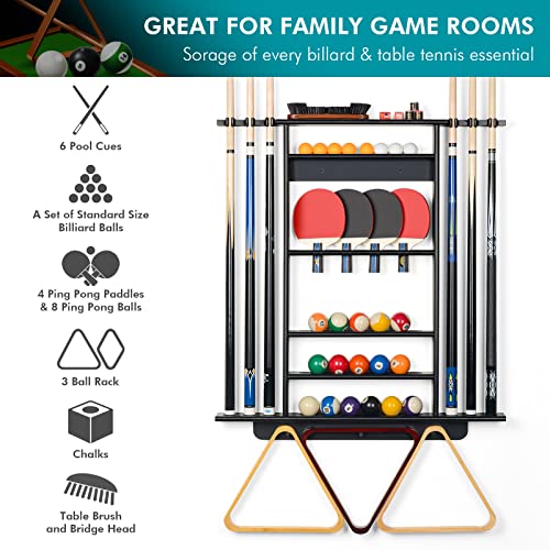 2-in-1 Wall Mount Pool Cue and Ping Pong Paddle Storage Rack - Black