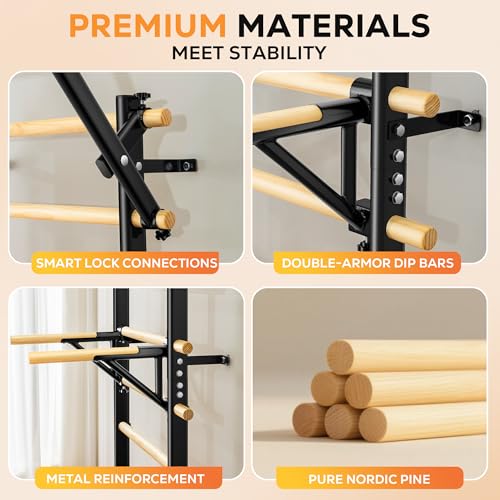 GymYard Wood Swedish Ladder Wall Mount for Home Fitness, Adjustable Pull Up & Dip Station, Solid Pine, Variation of THIS listing