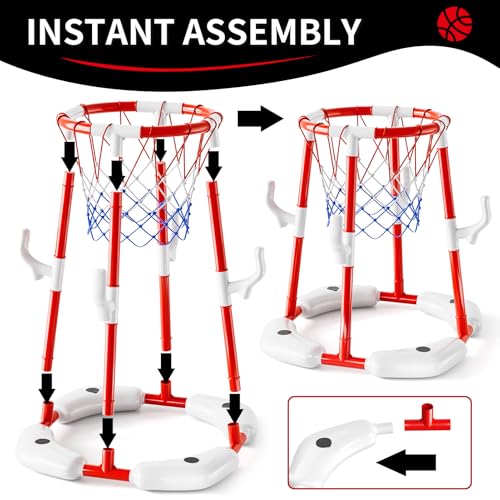 Red Pool Basketball Hoop Toys for Kids and Adults - 2-in-1 Floating Water Game Set with Rings & Balls