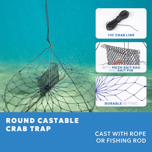 Castable Crab Trap Kit - Foldable 24-Inch Net with 110ft Line & Bait Pin - Variation CN004A-2