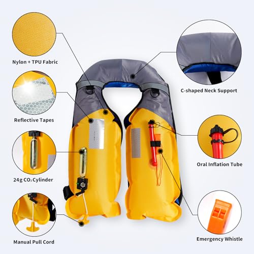 Owntop Orange Inflatable Swim Jacket with CO2 Cylinder, D-Ring Attachments & Storage Pocket