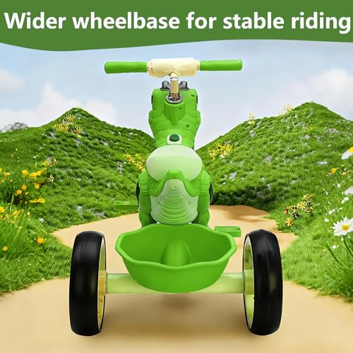 NMM Dinosaur Tricycle for Kids 2-6 Bright Green with Glow Big Wheel, Music, LED Lights, Horn