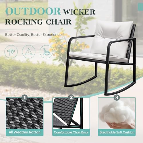 Greesum 3-Piece Beige Rocking Wicker Bistro Set for Patio Outdoor Furniture