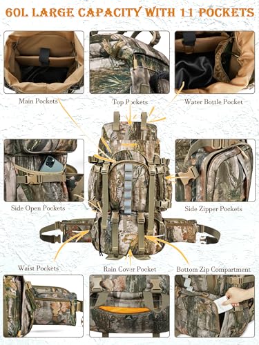 Tree Variation 60L Hunting Backpack for Men Large Capacity Camouflage Pack with Rain Cover