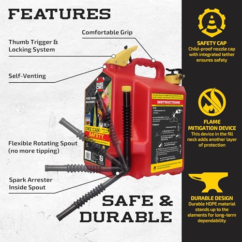 Self-Venting 5 Gallon Gasoline Storage Container with Rotating Spout - Type II Safety Can - Red