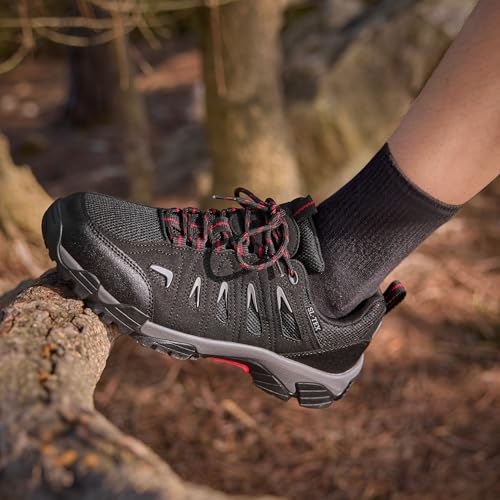 SHULOOK Men's Waterproof Hiking Shoes - Lightweight Low Top Trail Shoes Black/Red 13