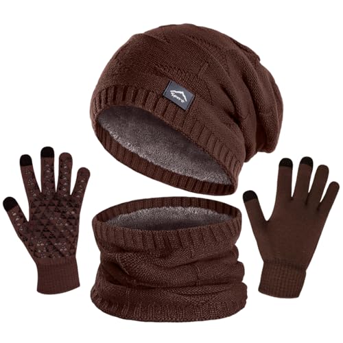 Unisex Winter Beanie Hat Scarf Gloves Set - Brown Knit Slouchy Ski Cap with Fleece Lined Neck Warmer