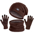 Unisex Winter Beanie Hat Scarf Gloves Set - Brown Knit Slouchy Ski Cap with Fleece Lined Neck Warmer