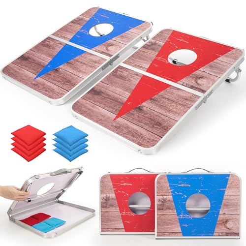 ROPODA Portable Cornhole Board Set 30x20 Inches Blue & Red for Outdoor Games