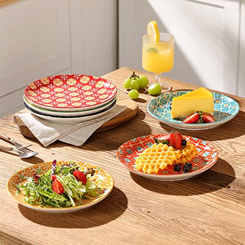 Ceramic Salad Plates Set of 6 - 8 Inch Colorful Dessert Plates, Vibrant Colors