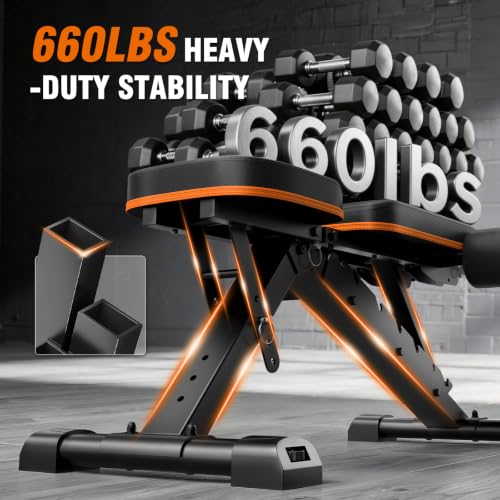 Adjustable Foldable Weight Bench for Home Gym - Incline & Flat, Black-Orange