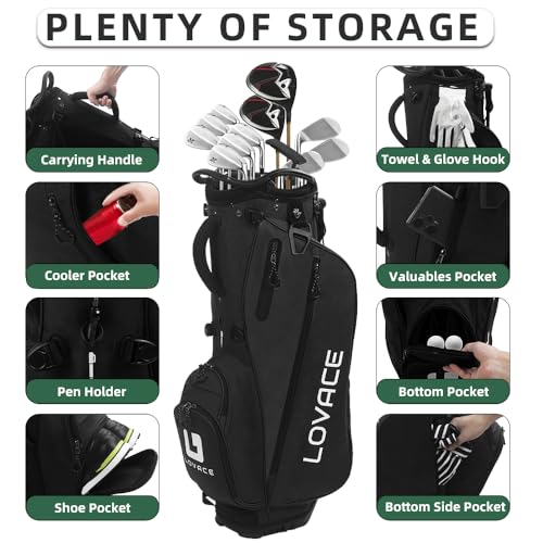 LOVACE 14-Way Golf Stand Bag - Black Lightweight Carry Bag for Men & Women