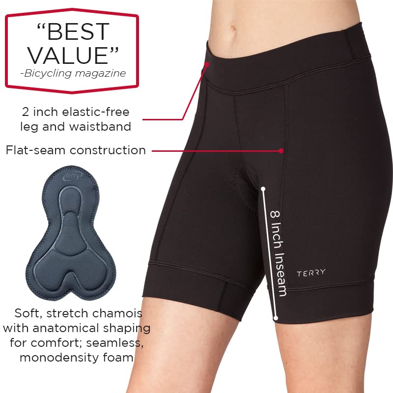 Terry Women's Padded Cycling Shorts - Black, Medium, 8 Inch Inseam, Moisture Wicking