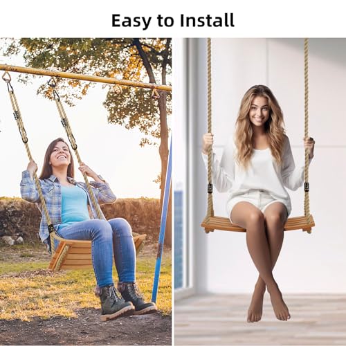 Beige Wooden Tree Swing for Adults & Kids - 22.8 x 9.8 x 0.6 inches, 440lb Capacity, Adjustable Rope, Indoor & Outdoor Use