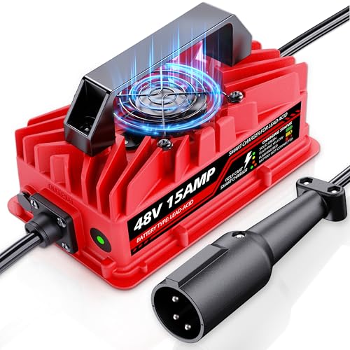 Akizbeir 48V 15A Golf Cart Battery Charger for Club Car Precedent & DS - Waterproof Smart Lead-Acid Charger with 3-Pin Round Plug, Red