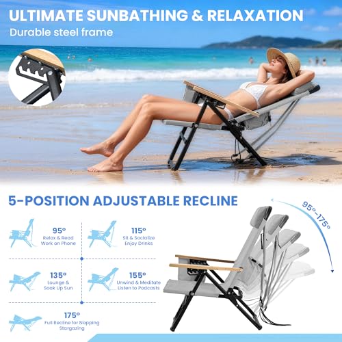 Canpsky Light Grey 2-Pack 5-Position Reclining Camping Chairs Portable Foldable Outdoor Seating