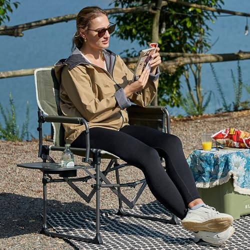 Portable Camping Directors Chair with Side Table & Pocket - Heavy Duty Support 400lbs - Green 2 Pack