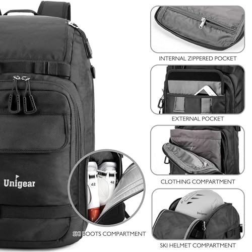 Unigear 70L Ski Boot Bag Backpack with Helmet Goggle Storage - Black