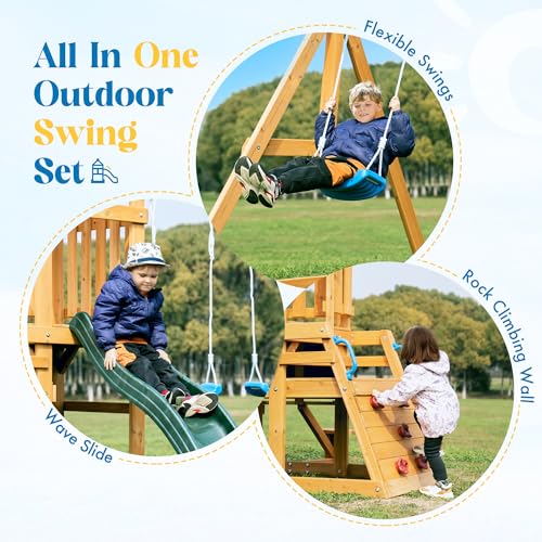 ROBUD Wooden Swing Set for Kids Backyard Play, 2 Swings & Slide
