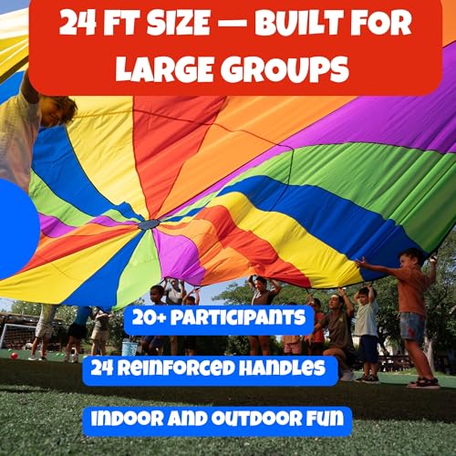 Activejoy 24FT Rainbow Parachute for Kids with 24 Handles - Outdoor Group Play Toy