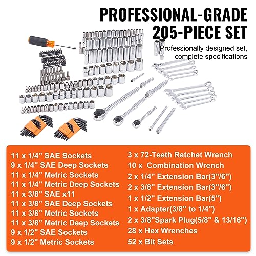 VEVOR Mechanics Tool Set, 205 Pcs SAE and Metric Sockets, 1/4" 3/8"