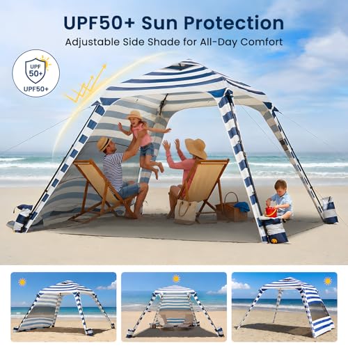 Blue Stripes 10x10 FT Beach Canopy with Side Walls - UV-Blocking Sun Shelter for Camping & Outdoor Events