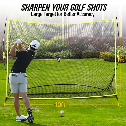 PodiuMax Yellow 10x7ft Golf Practice Net with Noise-Reducing Silk Target, Stable & Durable for Backyard & Indoor Golf Training