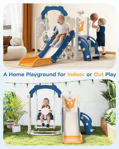 Toddler Slide and Swing Set 7-in-1 Indoor Outdoor Playset - Blue & Yellow