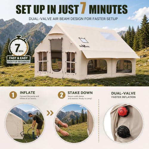 Inflatable Family Camping Tent 8-12 Person, All-Season Waterproof Glamping Tent