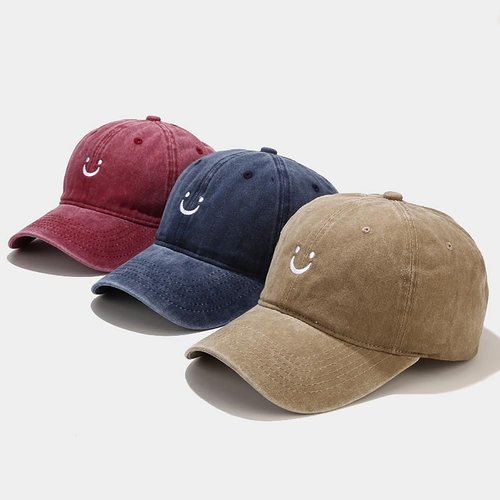 Tefelory Cute Smile Face Baseball Cap for Women Men Adjustable Vintage Washed Cotton Low Profile Dad Hat Black