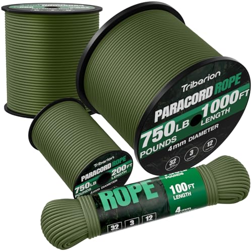 Triberion 750 lb Paracord Rope 1000ft Heavy Duty Survival Cord 4mm Army Green