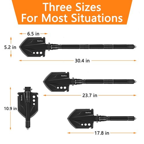 Bonfino Foldable Camping Shovel - 30.4" High Carbon Steel Portable Multitool Entrenching Tool for Backpacking, Hiking, Survival & Car Emergency - Versatile & Sturdy