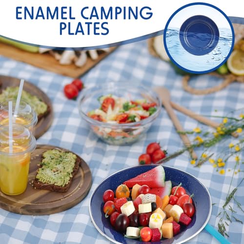 Sawysine 8 Pack 10-Inch Blue Enamel Camping Plates - Durable Outdoor Dinnerware