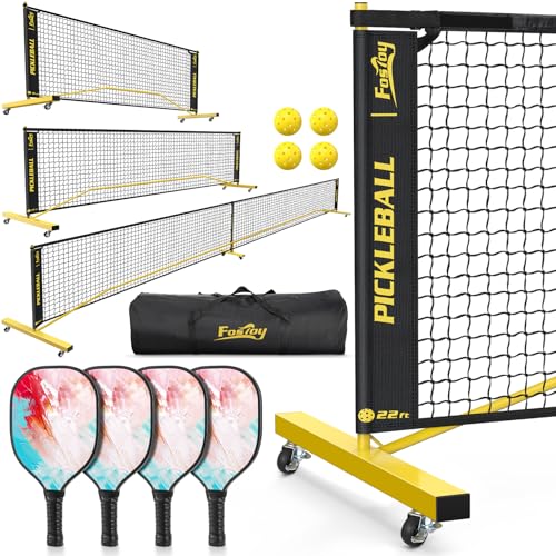 Fostoy Pickleball Set with 3 Nets and 4 Paddles - Yellow Variation