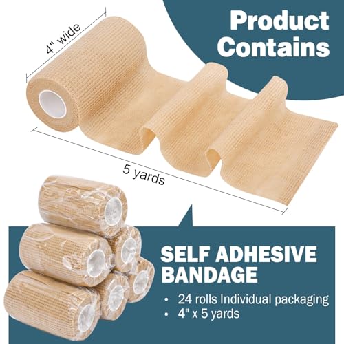 Beige Self Adhesive Bandage Wrap 4 Inch X 5 Yards 24 Pack Elastic Cohesive Athletic Tape