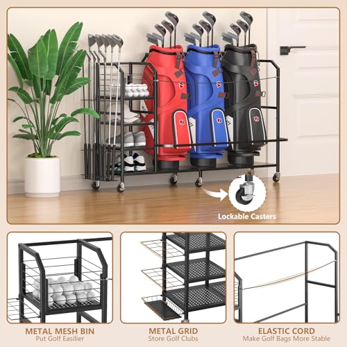 GloCryp 3 Golf Bag Storage Organizer for Garage - Heavy-Duty Steel, Rolling & Lockable, Multi-Shelf Golf Equipment Rack