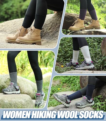 Merino Wool Hiking Socks for Women - Thermal Crew, Large, Black/Navy Blue/Gray/Purple
