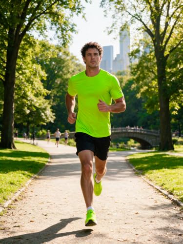 Mens Fitted Quick Dry Workout Shirts - Running Athletic Gym Tee Large Neon Green