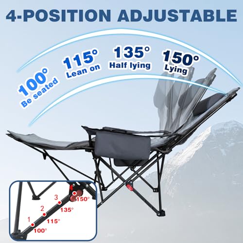 POEPORE Grey 4-Position Reclining Camping Chair with Footrest & Cooler Bag