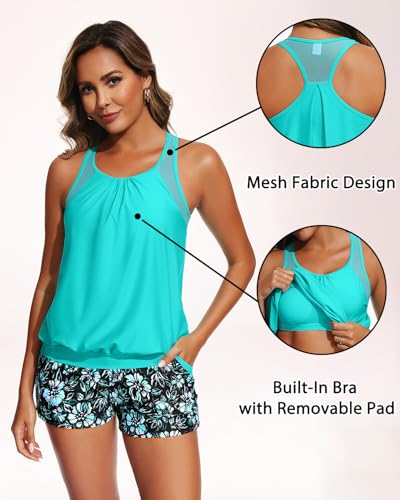 Women’s Blouson Tankini Swimsuit with Shorts - Large Aqua & Floral 2PC Tummy Control Bathing Suit