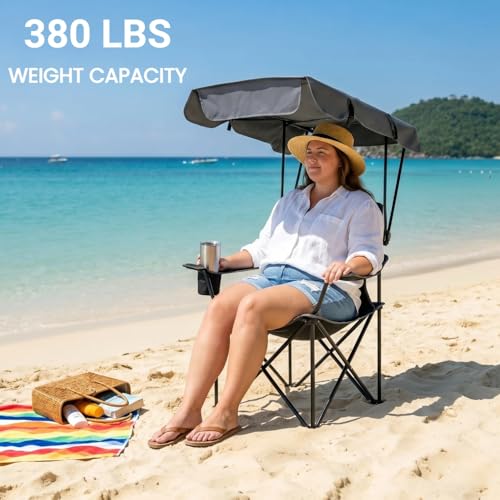 Black 2-Pack Portable Camping Chair with Sunshade, Heavy Duty 380 lbs