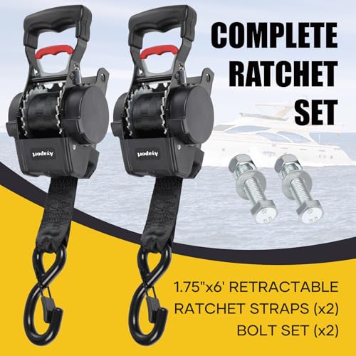 Heavy Duty Retractable Boat Tie Down Straps - Black, 1.75in x 6ft