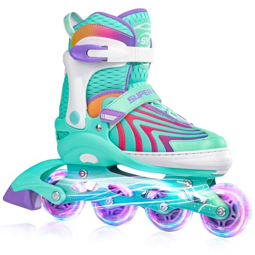 Super Youngster Adjustable Light Up Inline Skates for Kids Girls Mint Green 1-4 US